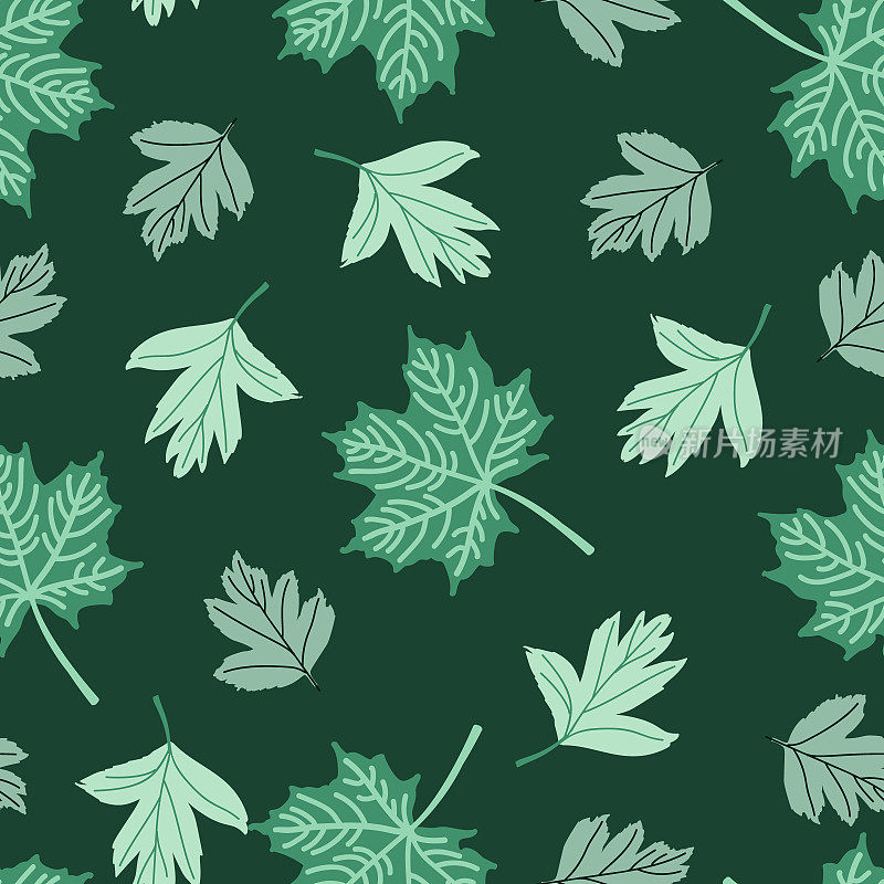 Seamless pattern with leaves in different shades of green. Spring and summer vector illustration. Great for fabric, backgrounds, wallpaper, wrapping paper.